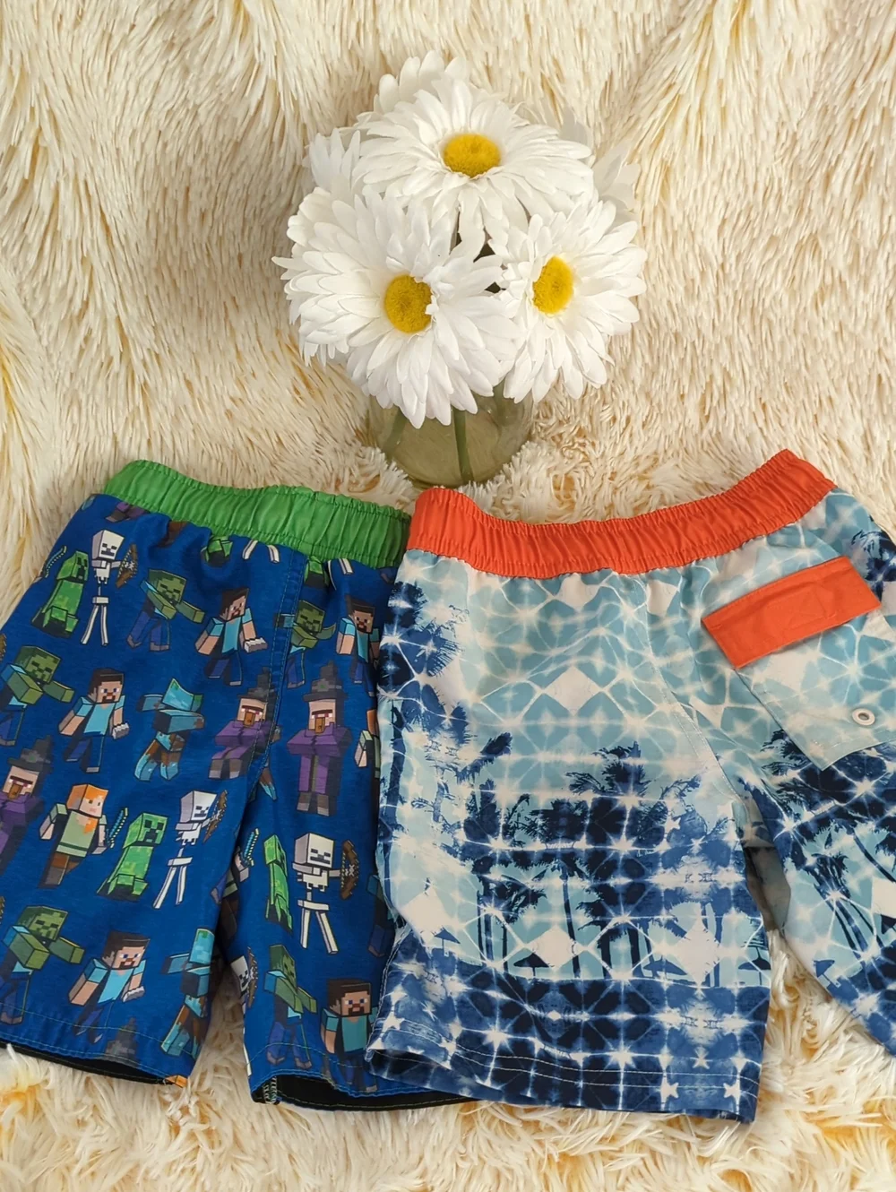 🩳🏊🏻‍♀️2 Boys Swim Shorts Set-Blue Green Minecraft & Blue Orange Prints🏊🏻🩳